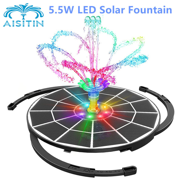 AISITIN 5.5W LED Solar Fountain Pump with Lights for Bird Bath, DIY 100% Glass Solar Panel Powered Water Fountain with 16 Nozzle