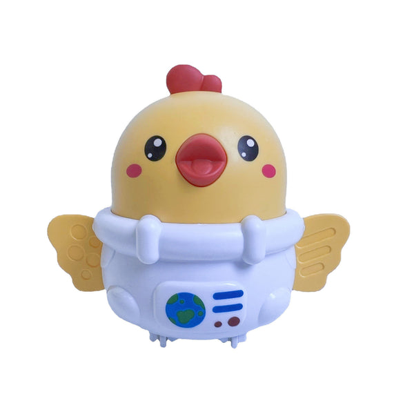 Children press small toys and inertial space chickens