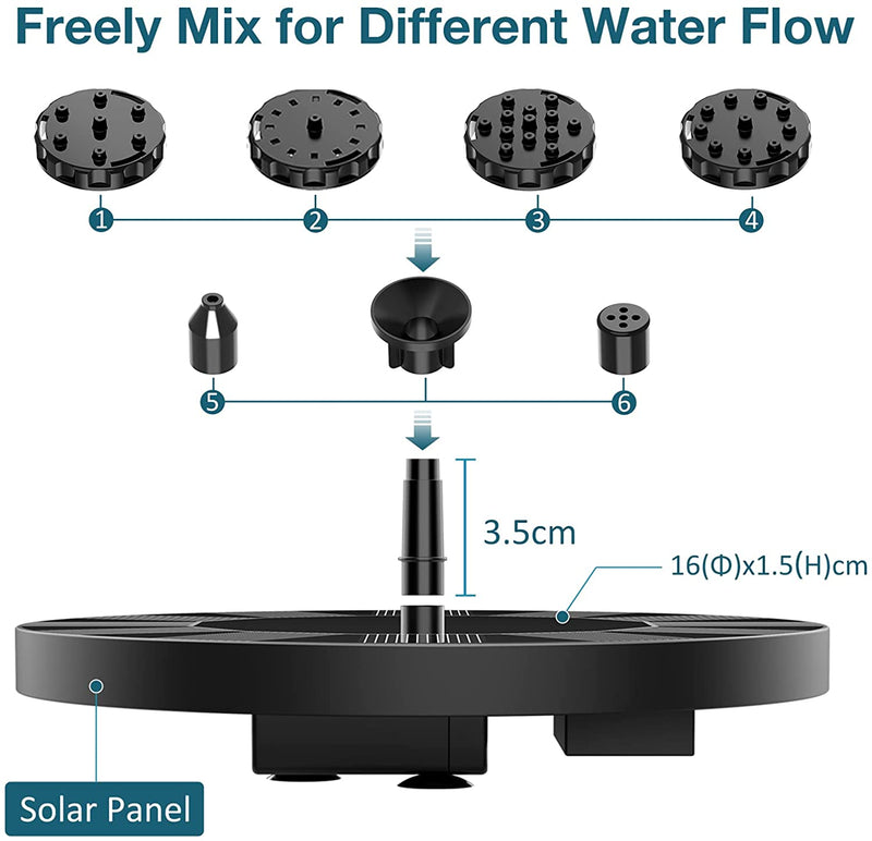 AISITIN 1.5W Solar Fountain Pump, newly upgraded with 6 nozzles solar bird bath fountain, suitable for ponds, gardens, bird baths, fish tanks, outdoor independent solar water pump floating fountains