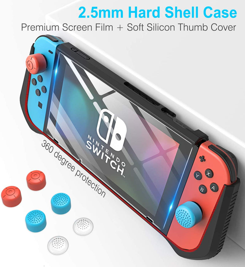 HEYSTOP Dockable Case Compatible with Nintendo Switch, Protective Grip Case for Nintendo Switch, Case Protector with Switch Screen Protector and Thumb Grip Caps for Boys Girls, Black