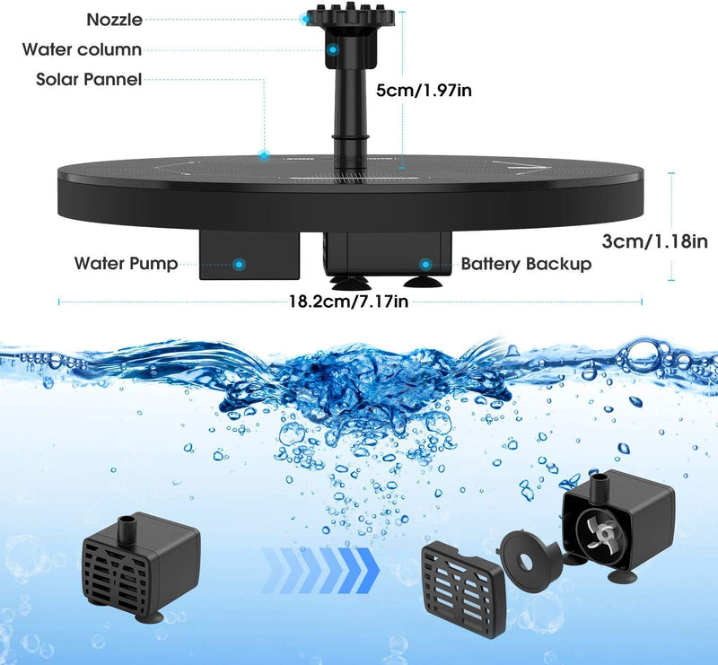 AISITIN 3.5W Solar Fountain Pump Built-in 1500mAh Battery with 6 Nozzles, Solar Water Pump Floating Fountain for Bird Bath, Fish Tank, Pond, Garden Decorations and Aerator Pump