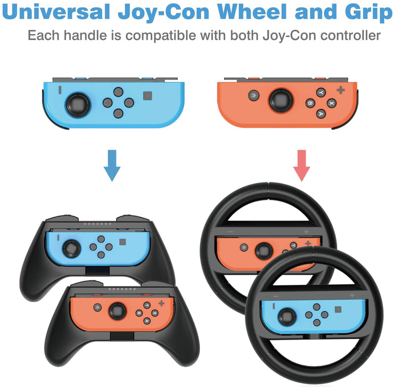 HEYSTOP Steering Wheel Controller for Nintendo Switch & Switch OLED Model 2021 (4 Pack) Joy-Con Controller Grip and Steering Wheel for Mario Kart, Black