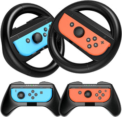 HEYSTOP Steering Wheel Controller for Nintendo Switch & Switch OLED Model 2021 (4 Pack) Joy-Con Controller Grip and Steering Wheel for Mario Kart, Black