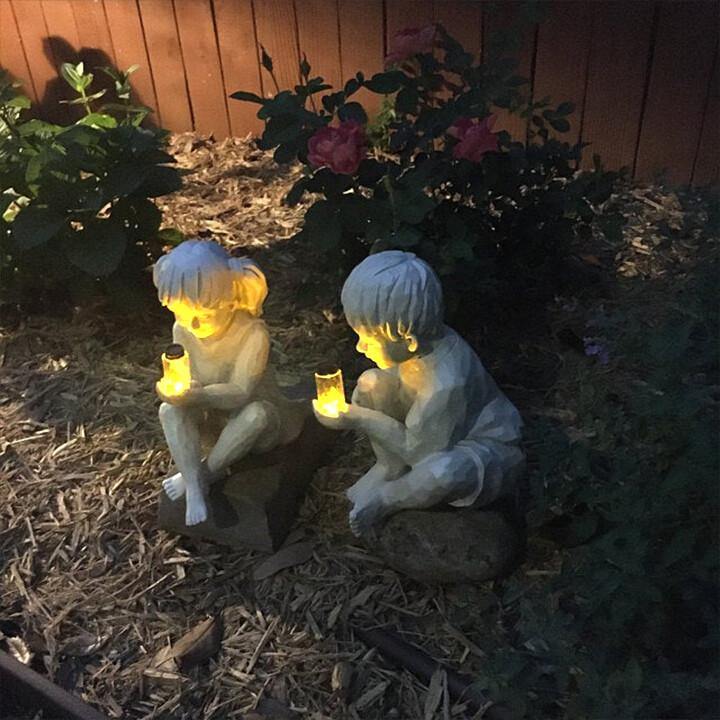 Kid with Solar Lighted Firefly Jar Statue - Aisitin Online