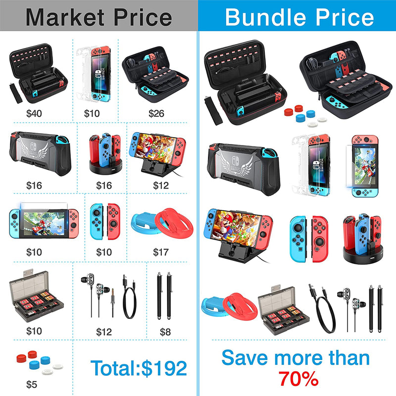 HEYSTOP Compatible with Nintendo Switch Case 25 in 1 Switch Accessories Gift Kit Protective Case Screen Protector Thumb Grip Cap Joycon Charger Wheel Grip TPU Case PlayStand Game Card Box Epic Pack