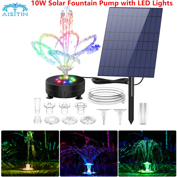 AISITIN 10W Solar Fountain Pump with LED Lights, Solar Powered Water Fountain Pump with 7 Double Sprayer Nozzles Floating Pool