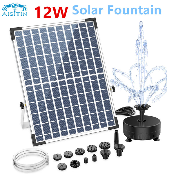 AISITIN 12W Powerful Solar Fountain Pump, Solar Water Fountain with 12 Double-Layer Nozzles Outdoor Solar Fountain for Pond Pool