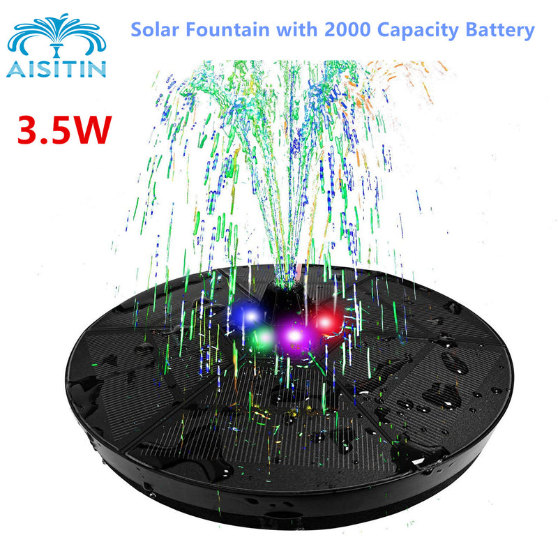 AISITIN 3.5W Solar Fountain with 2000 Capacity Battery and 4 Fixed Rods &amp; 8 Nozzles, Solar Fountain with Colorful LED Lights