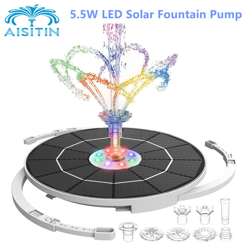 AISITIN 5.5W LED Solar Fountain Pump with LED Light, New Upgraded 3000mAh Storage Battery with 16 Nozzles Solar Bird Bath