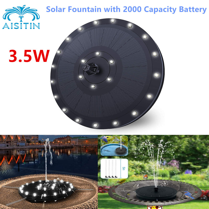 AISITIN Solar Fountain with 2000 Capacity Battery and 4 Fixed Rods, 3.5W Solar Powered Fountain Pump with LED Light for Garden