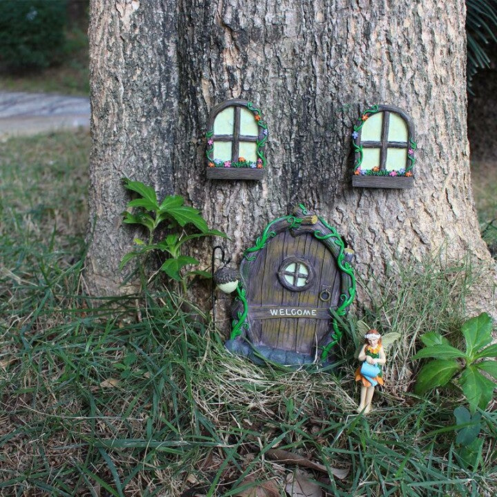 Fairy elf home door with Glowing Window and Lamp